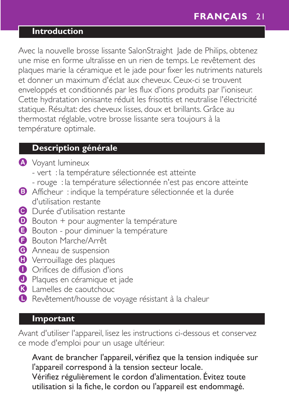 Français 21 | Philips Plancha para el pelo User Manual | Page 21 / 104