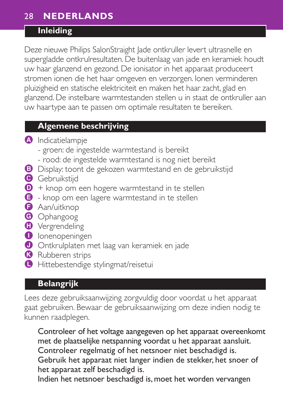 Nederlands 28 | Philips Plancha para el pelo User Manual | Page 28 / 104