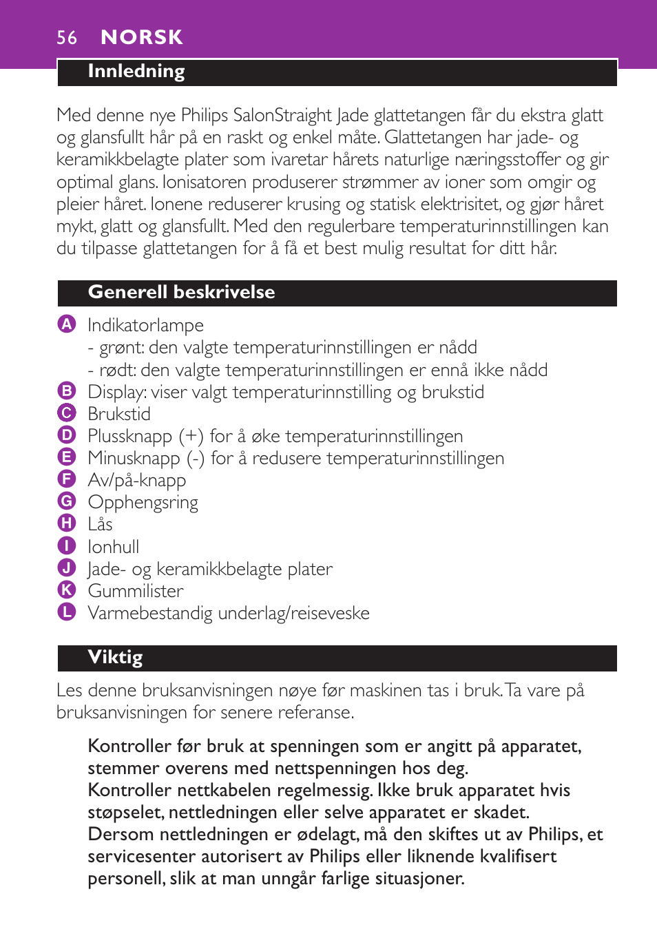 Norsk 56 | Philips Plancha para el pelo User Manual | Page 56 / 104