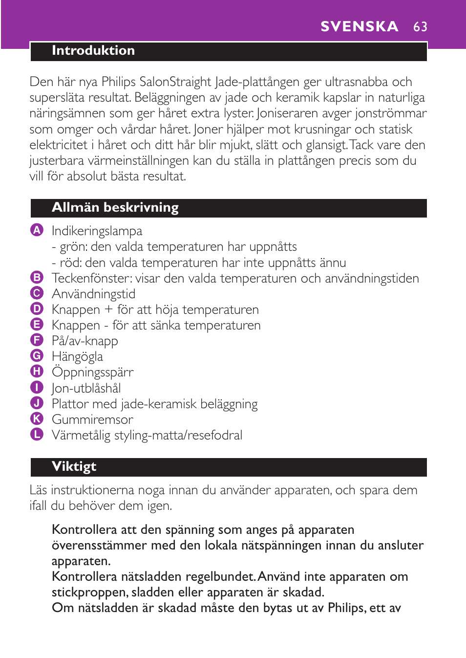 Svenska 63 | Philips Plancha para el pelo User Manual | Page 63 / 104