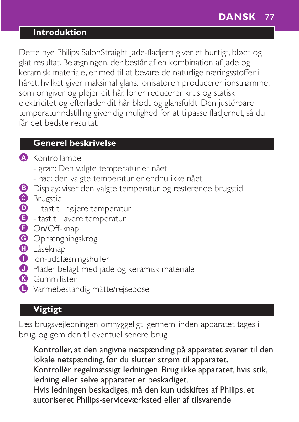 Dansk 77 | Philips Plancha para el pelo User Manual | Page 77 / 104