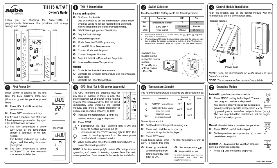 Aube Technologies TH115 A/F/AF User Manual | 3 pages