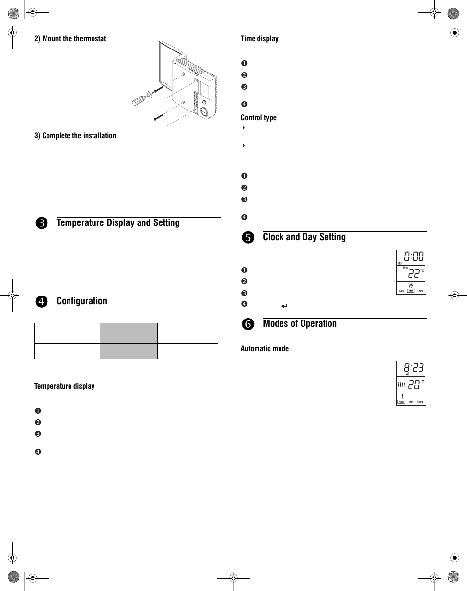 Temperature display and setting, Configuration, Clock and day setting | Modes of operation | Aube Technologies TH104PLUS User Manual | Page 2 / 4