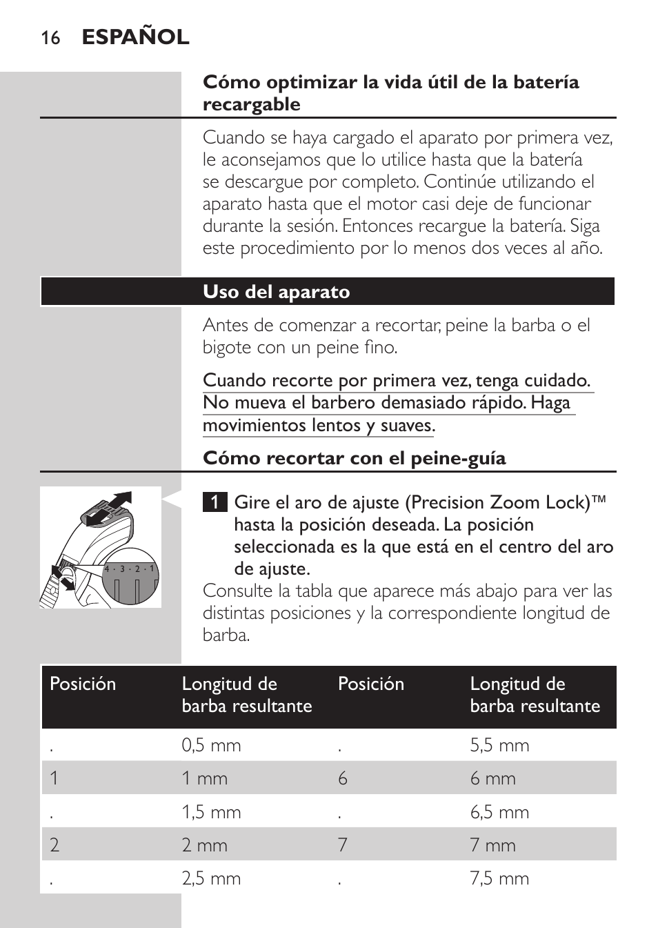 Español | Philips BEARDTRIMMER Series 3000 barbero para barba y barba de 2 días User Manual | Page 16 / 104