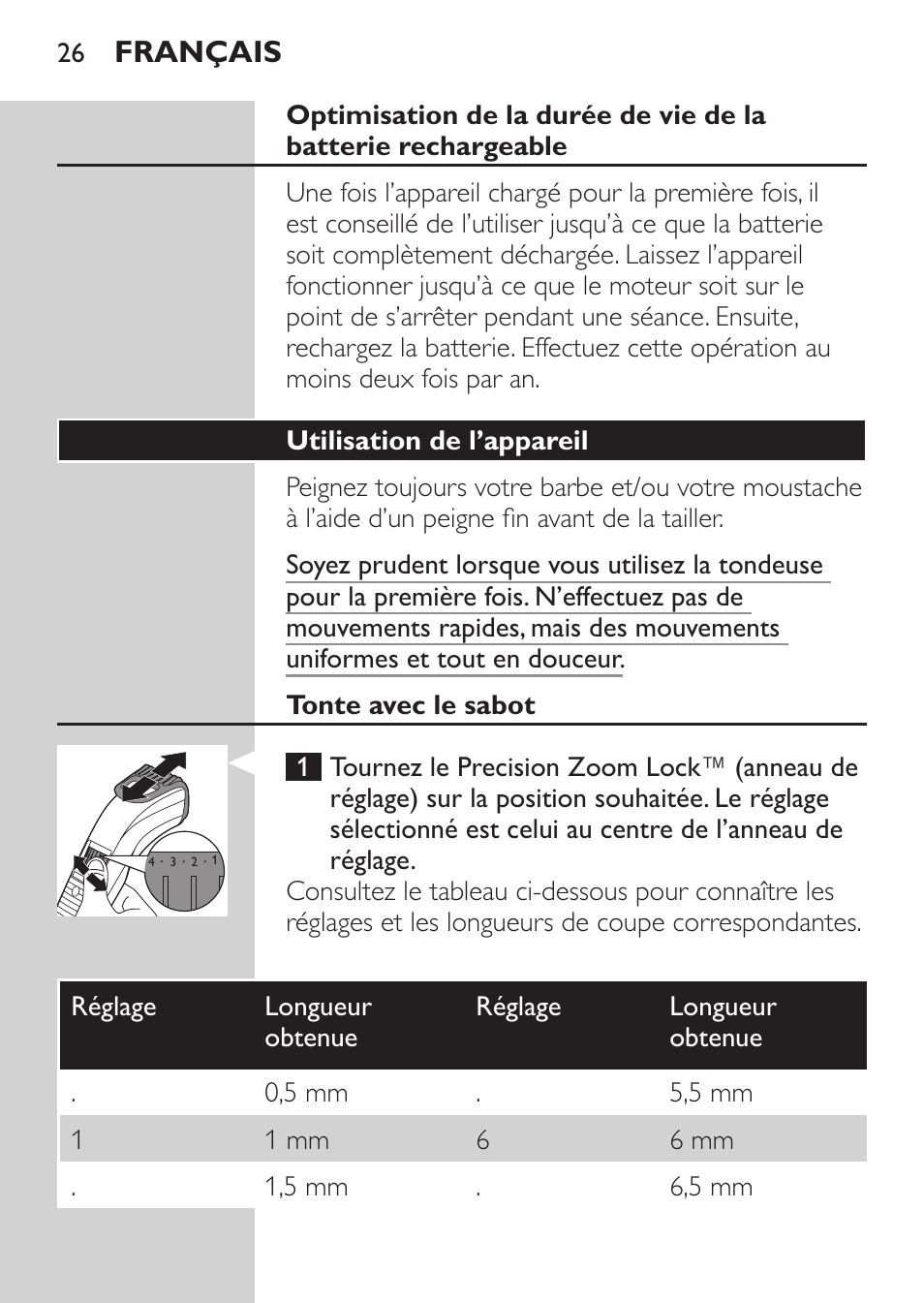 Français | Philips BEARDTRIMMER Series 3000 barbero para barba y barba de 2 días User Manual | Page 26 / 104