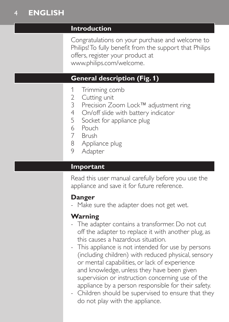 English, English 4 | Philips BEARDTRIMMER Series 3000 barbero para barba y barba de 2 días User Manual | Page 4 / 104