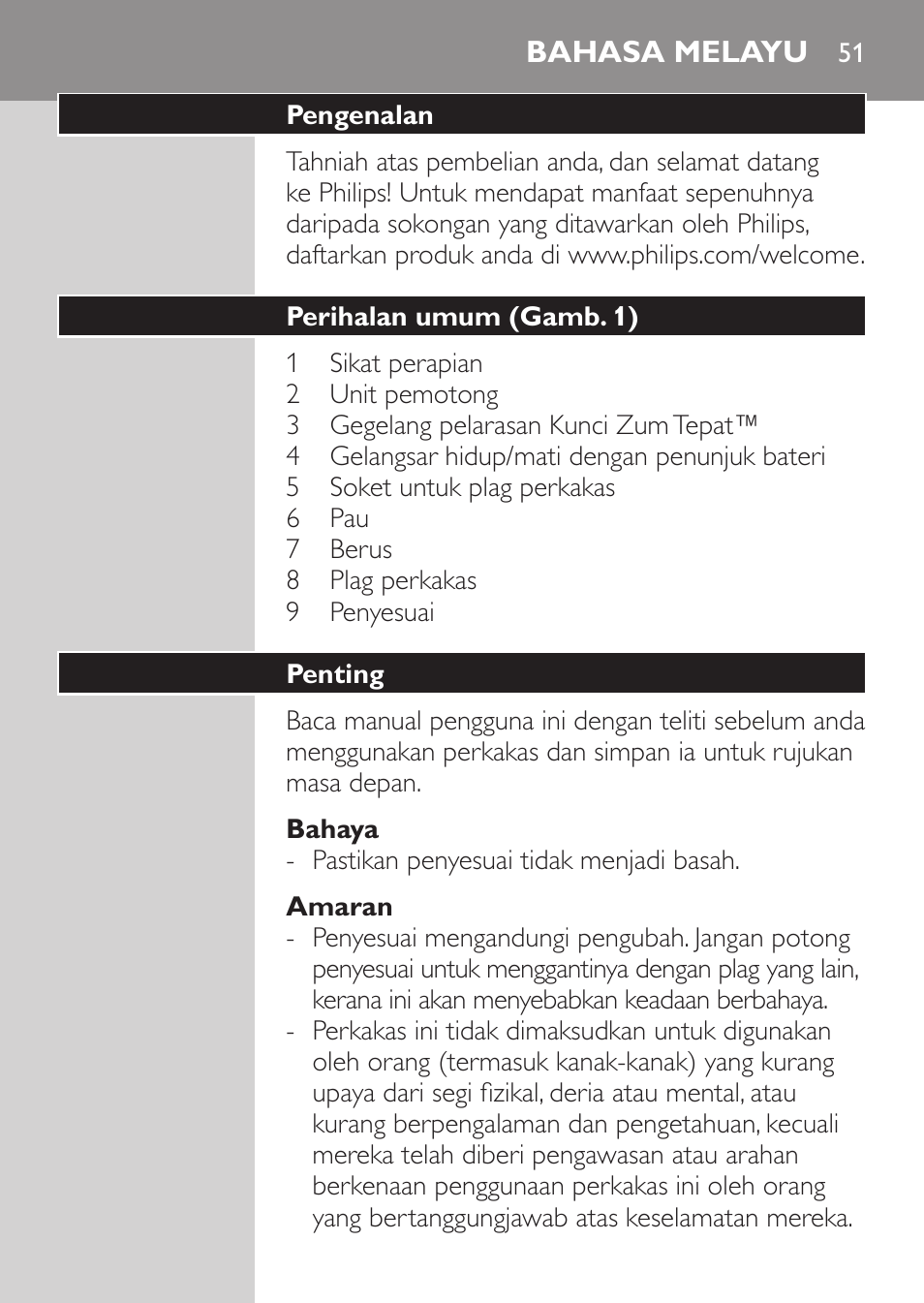 Bahasa melayu | Philips BEARDTRIMMER Series 3000 barbero para barba y barba de 2 días User Manual | Page 51 / 104