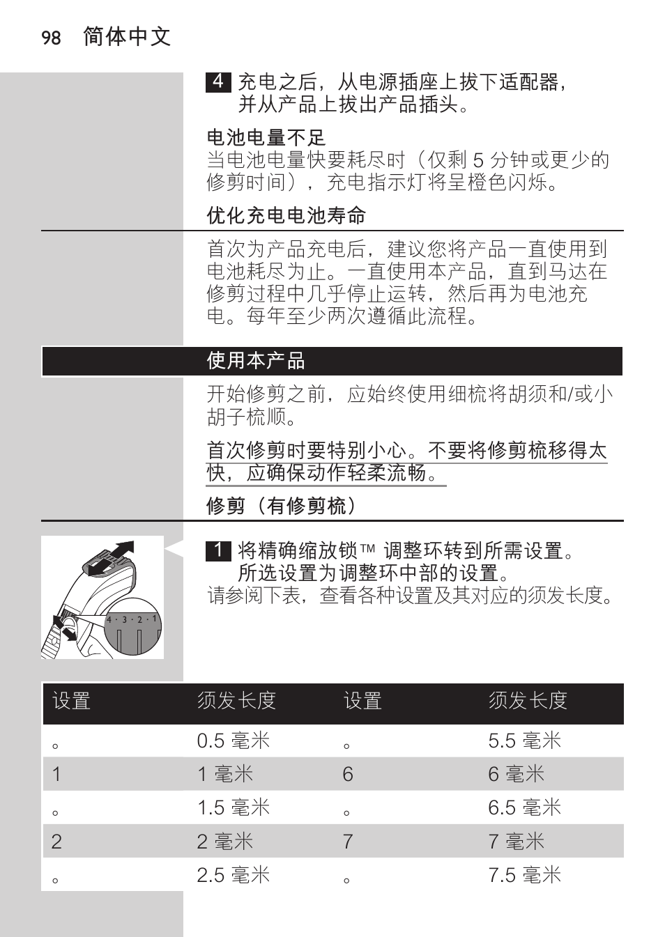 简体中文 | Philips BEARDTRIMMER Series 3000 barbero para barba y barba de 2 días User Manual | Page 98 / 104