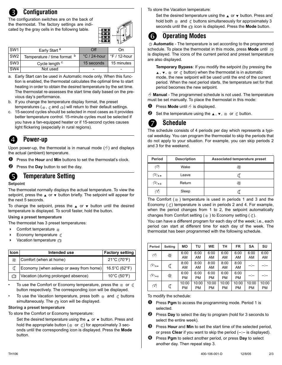 Configuration, Power-up, Temperature setting | Operating modes, Schedule | Aube Technologies aube TH106 User Manual | Page 2 / 3