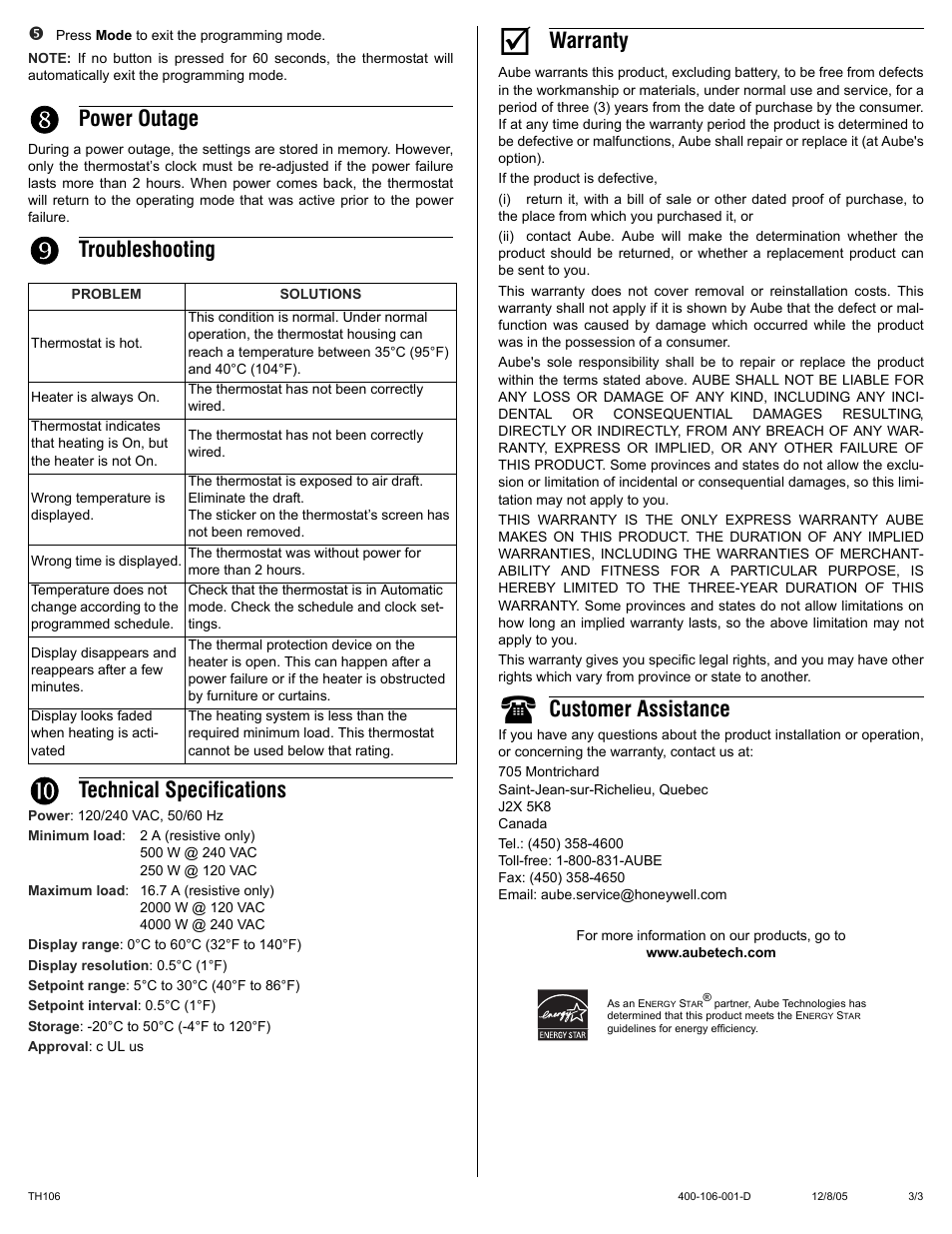 Power outage, Troubleshooting, Technical specifications | Warranty, Customer assistance | Aube Technologies aube TH106 User Manual | Page 3 / 3