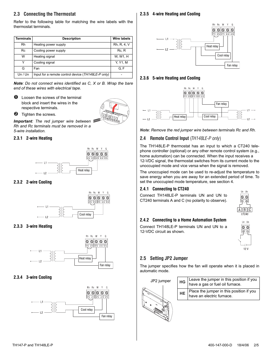 3 connecting the thermostat, 4 remote control input ( th148le-p only ), 5 setting jp2 jumper | Aube Technologies TH147-P User Manual | Page 2 / 5