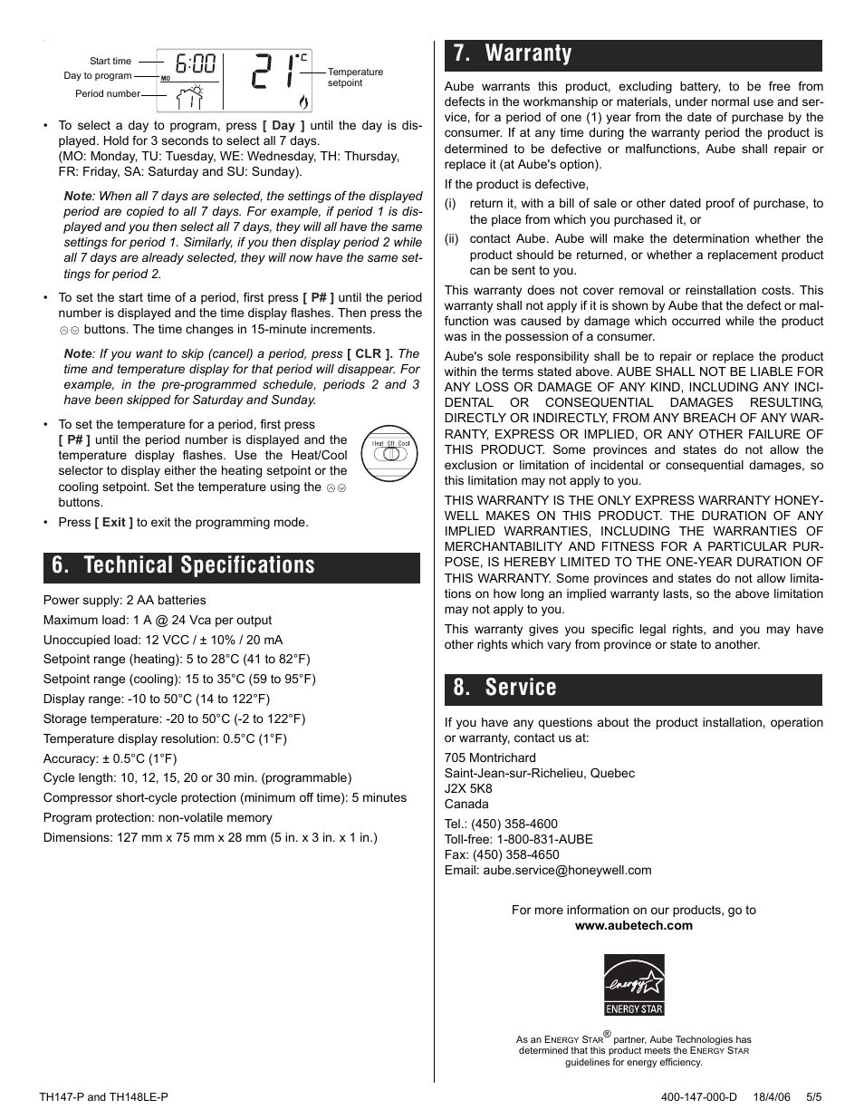 Technical specifications, Warranty 8. service | Aube Technologies TH147-P User Manual | Page 5 / 5