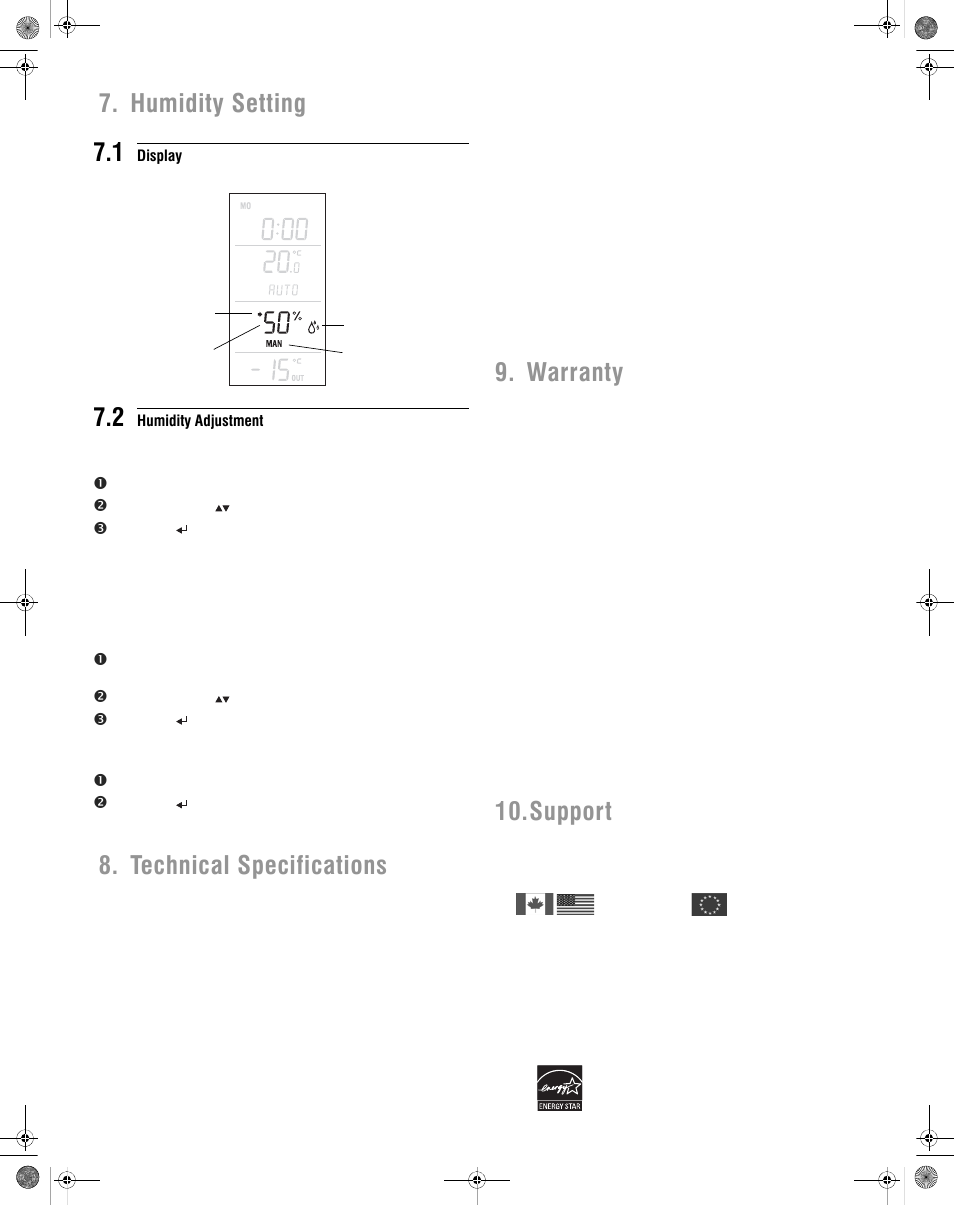Humidity setting 7.1, Technical specifications, Warranty 10.support | Aube Technologies TH146-P-2H1C User Manual | Page 11 / 11