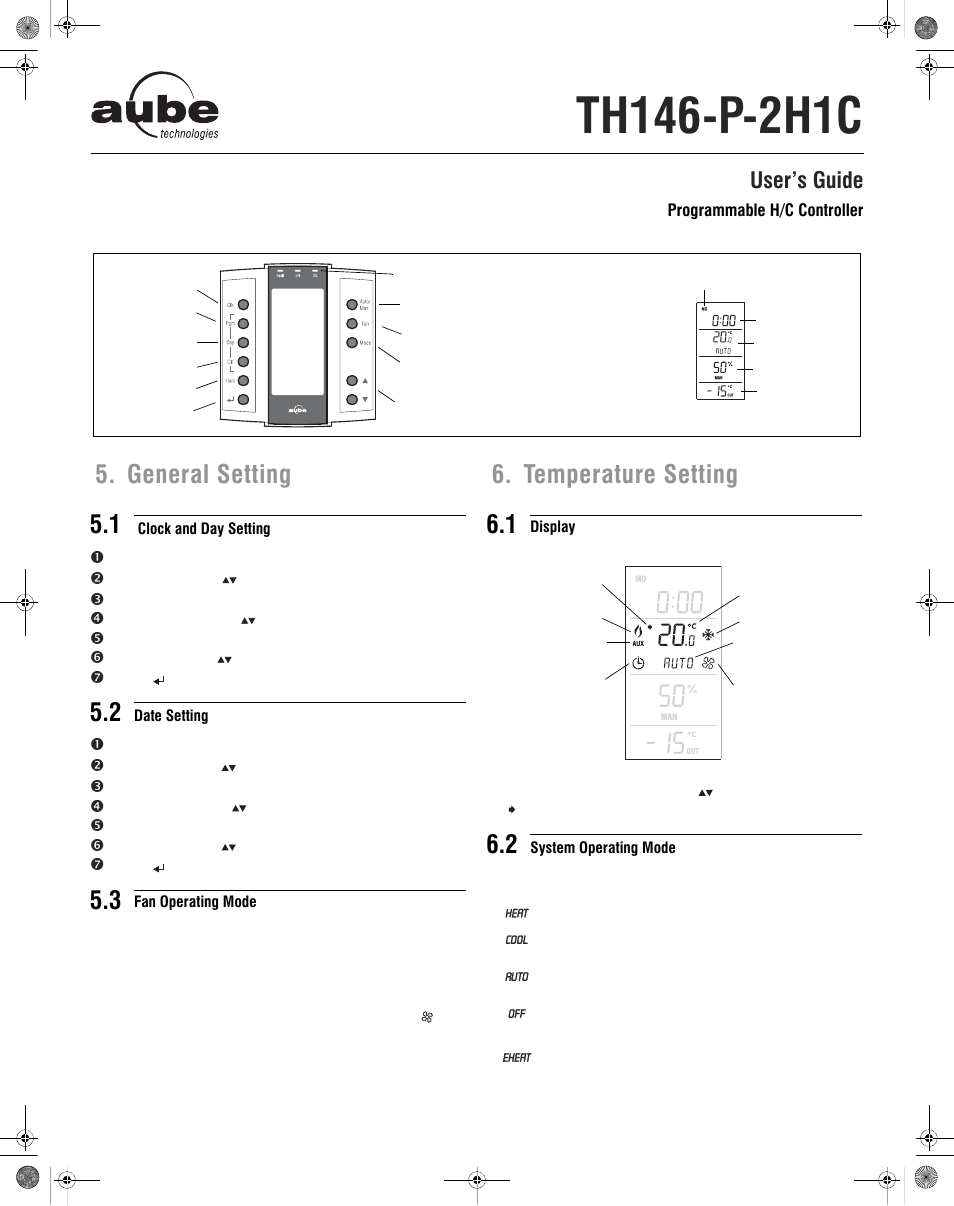 General setting 5.1, Temperature setting 6.1, User’s guide | Aube Technologies TH146-P-2H1C User Manual | Page 9 / 11