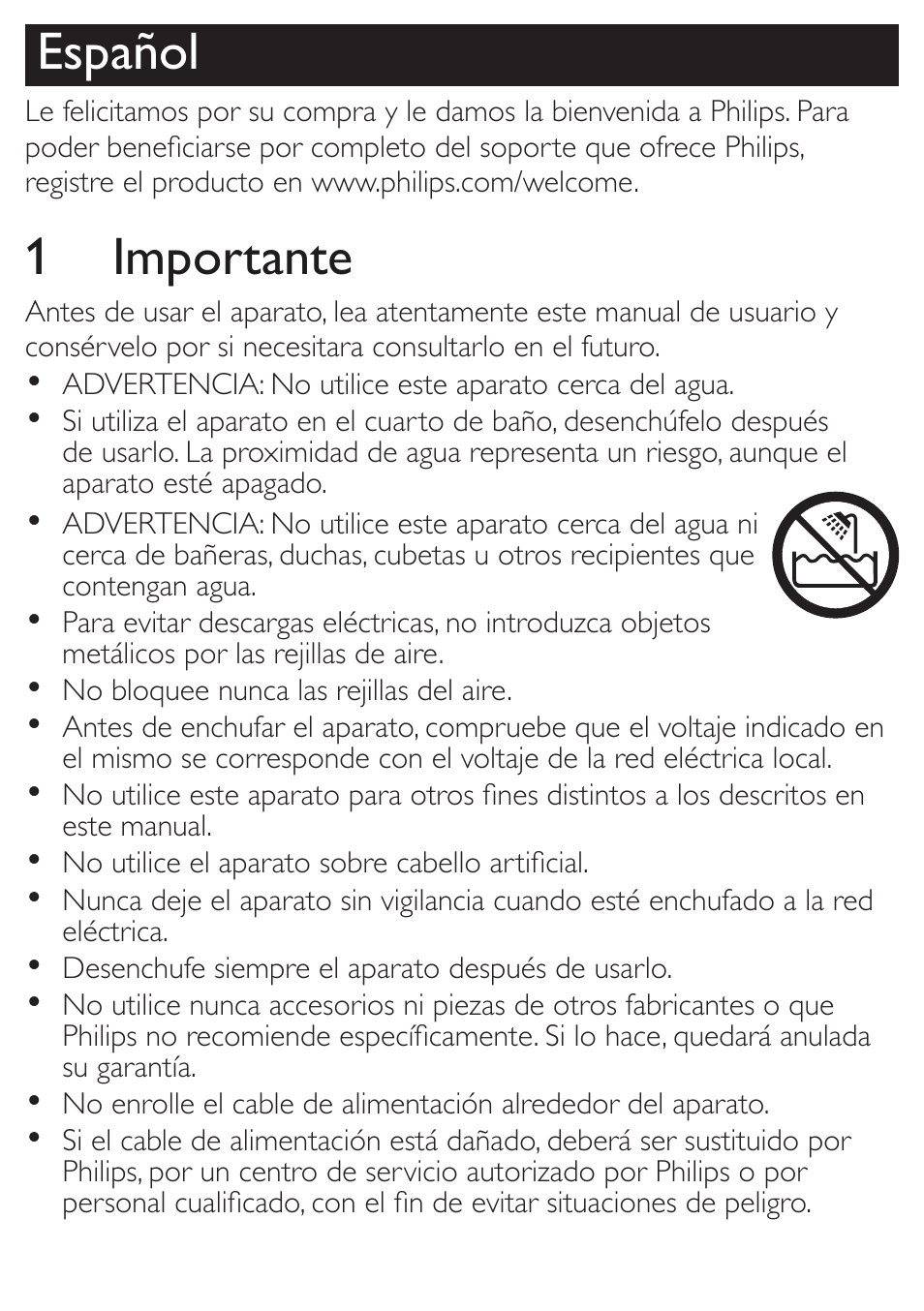 Español, 1 importante | Philips Secador de viaje User Manual | Page 3 / 6