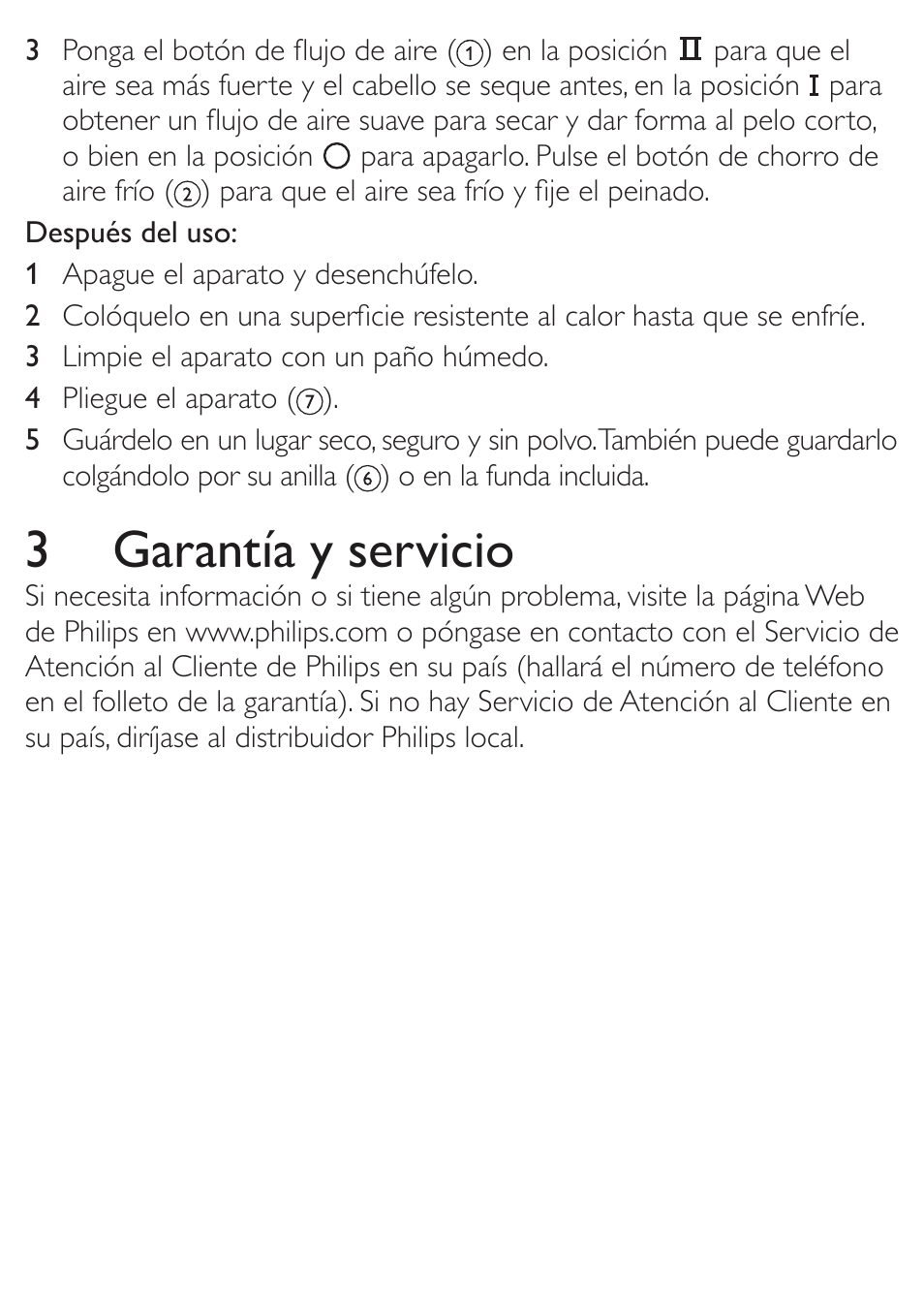 3 garantía y servicio | Philips Secador de viaje User Manual | Page 5 / 6
