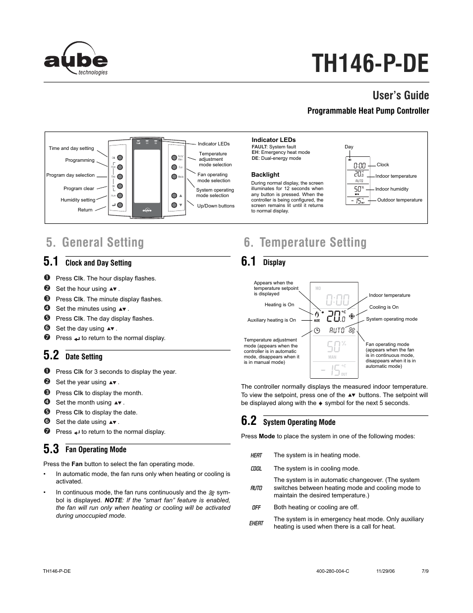 Th146-p-de, General setting 5.1, Temperature setting 6.1 | User’s guide | Aube Technologies TH146-P-DE User Manual | Page 7 / 9