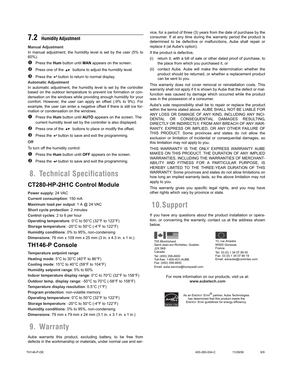 Technical specifications 9. warranty 10.support, Th146-p console | Aube Technologies TH146-P-DE User Manual | Page 9 / 9