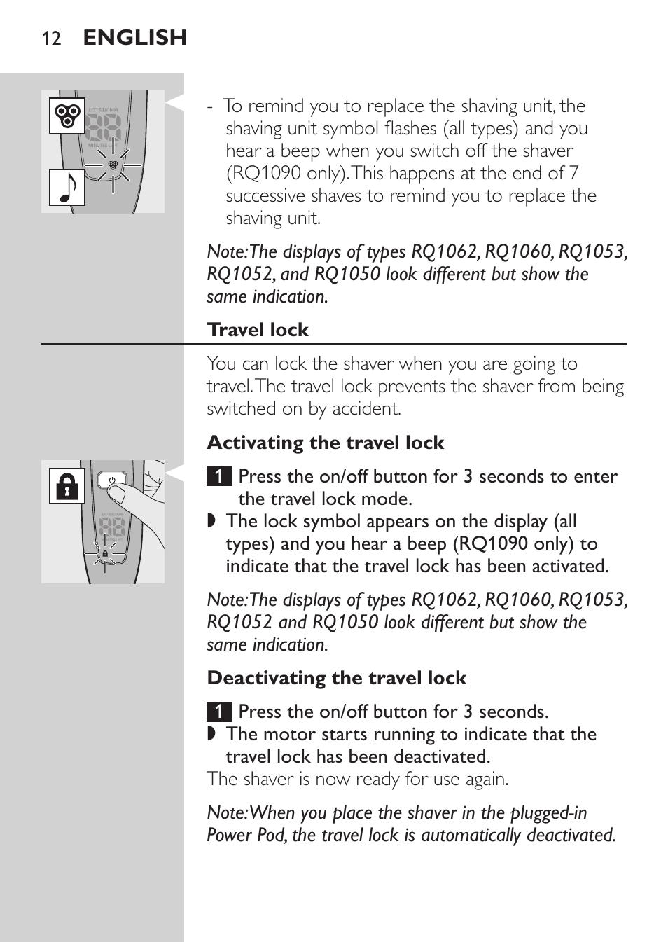 Travel lock, Activating the travel lock, Deactivating the travel lock | Philips Afeitadora eléctrica User Manual | Page 10 / 144