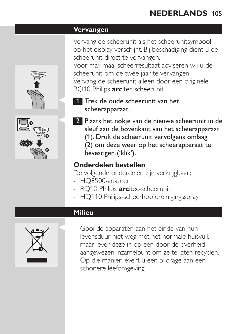 Onderdelen bestellen, Vervangen, Milieu | Philips Afeitadora eléctrica User Manual | Page 103 / 144