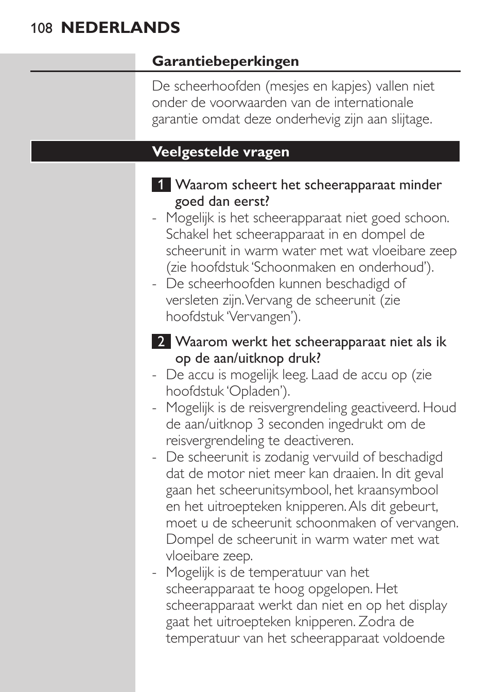 Garantiebeperkingen, Veelgestelde vragen | Philips Afeitadora eléctrica User Manual | Page 106 / 144