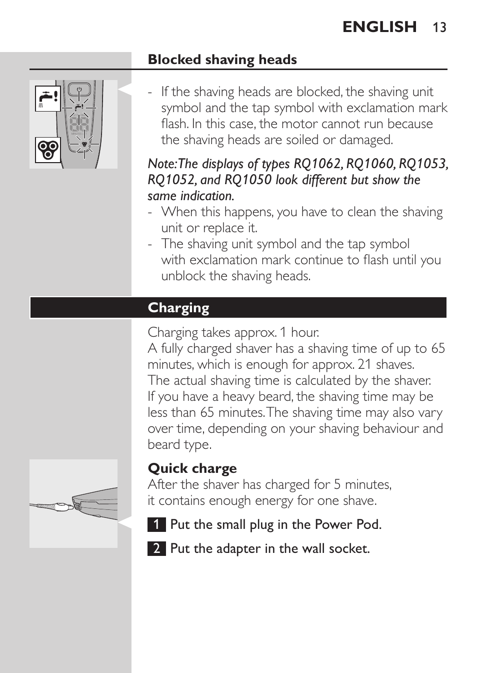 Blocked shaving heads, Quick charge, Charging | Philips Afeitadora eléctrica User Manual | Page 11 / 144