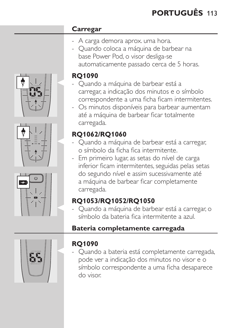 Carregar, Rq1090, Rq1062/rq1060 | Rq1053/rq1052/rq1050, Bateria completamente carregada | Philips Afeitadora eléctrica User Manual | Page 111 / 144