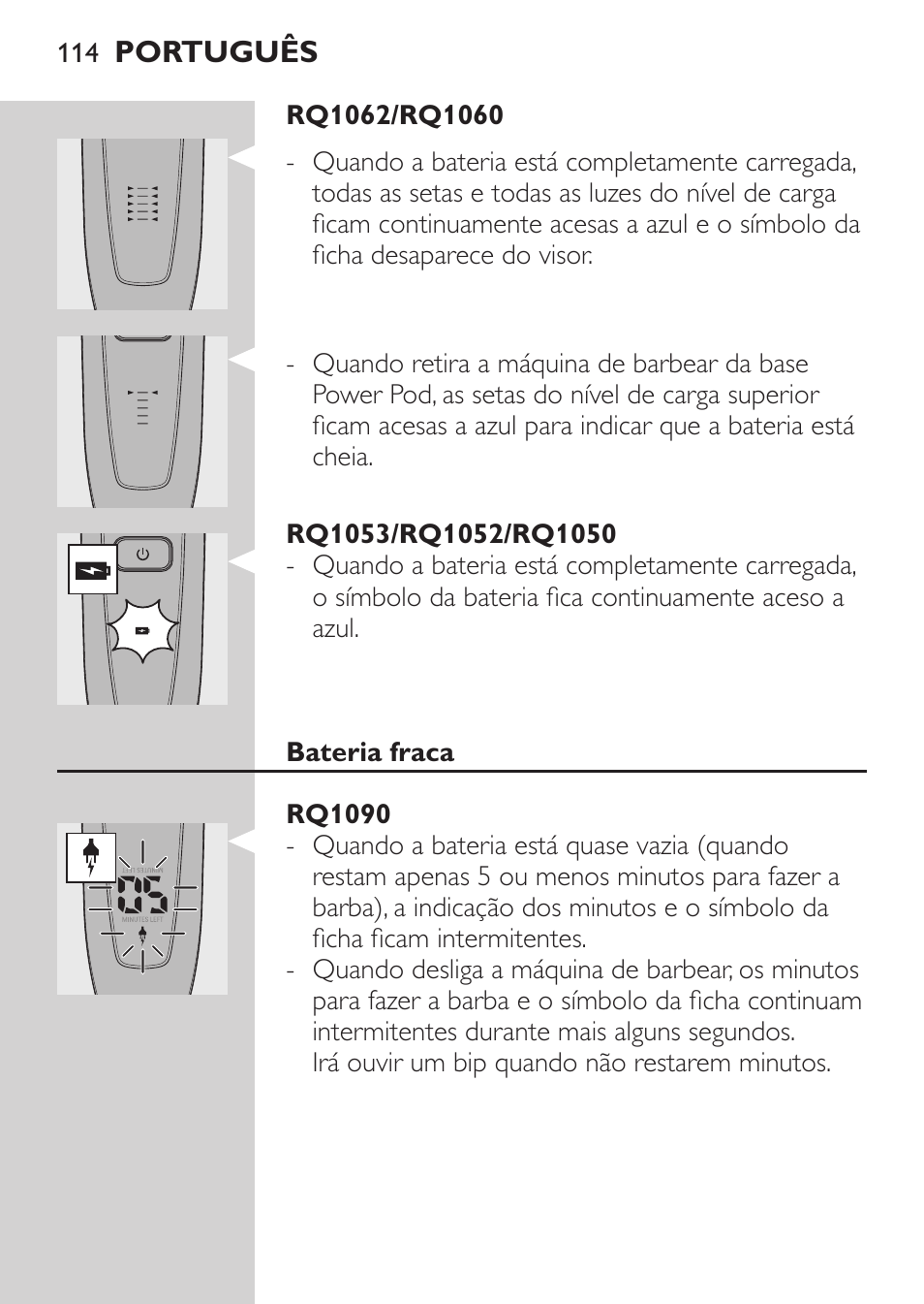 Rq1053/rq1052/rq1050, Bateria fraca, Rq1090 | Rq1062/rq1060 | Philips Afeitadora eléctrica User Manual | Page 112 / 144