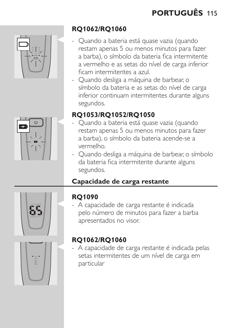 Rq1053/rq1052/rq1050, Capacidade de carga restante, Rq1090 | Rq1062/rq1060 | Philips Afeitadora eléctrica User Manual | Page 113 / 144