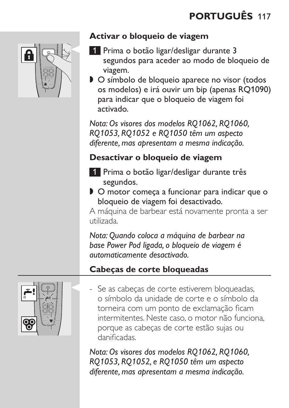 Desactivar o bloqueio de viagem, Cabeças de corte bloqueadas | Philips Afeitadora eléctrica User Manual | Page 115 / 144