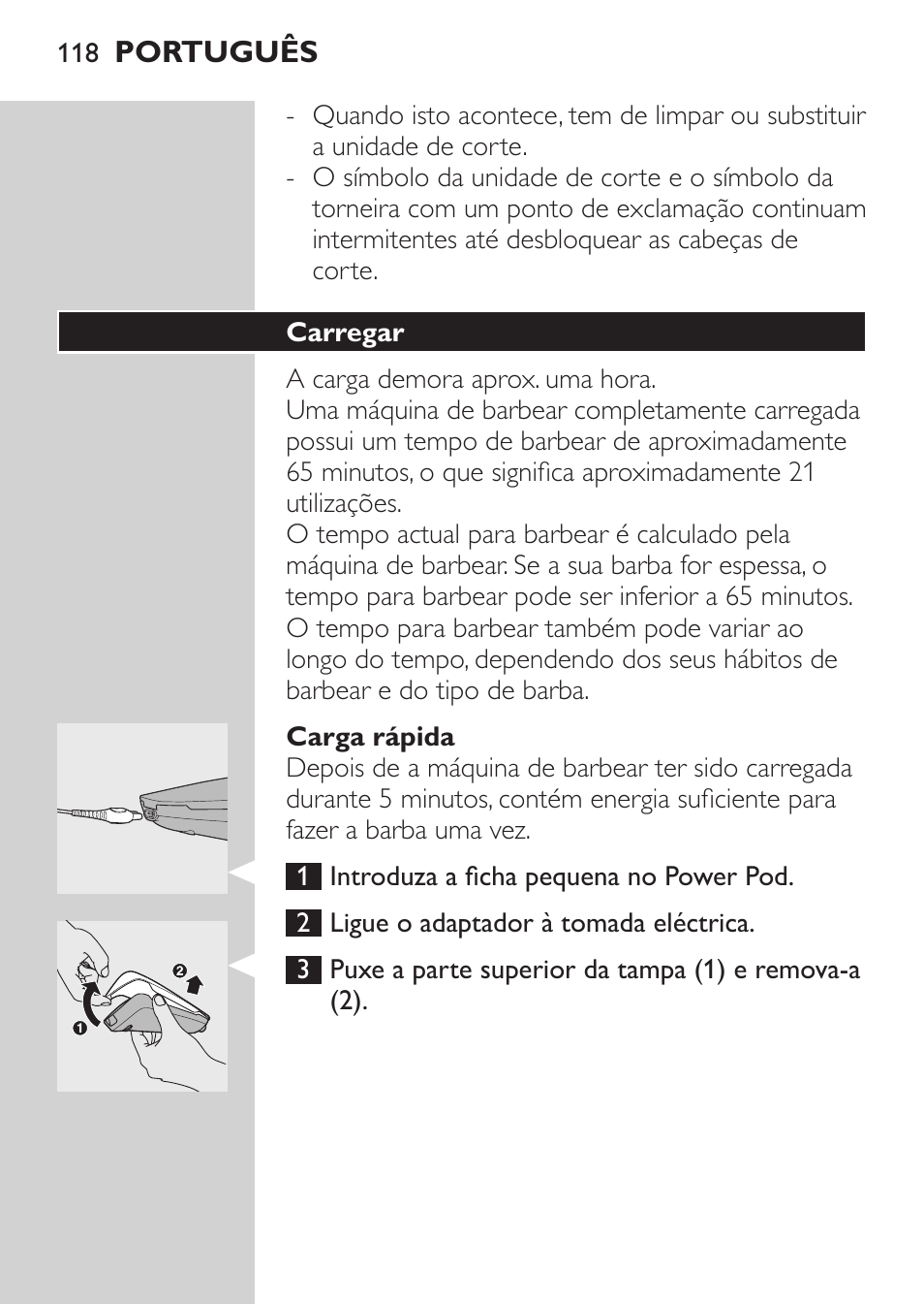 Carga rápida, Carregar | Philips Afeitadora eléctrica User Manual | Page 116 / 144