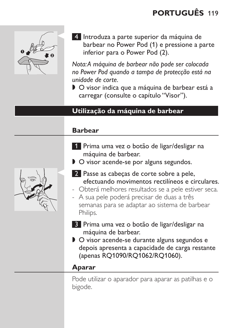 Utilização da máquina de barbear, Barbear, Aparar | Philips Afeitadora eléctrica User Manual | Page 117 / 144