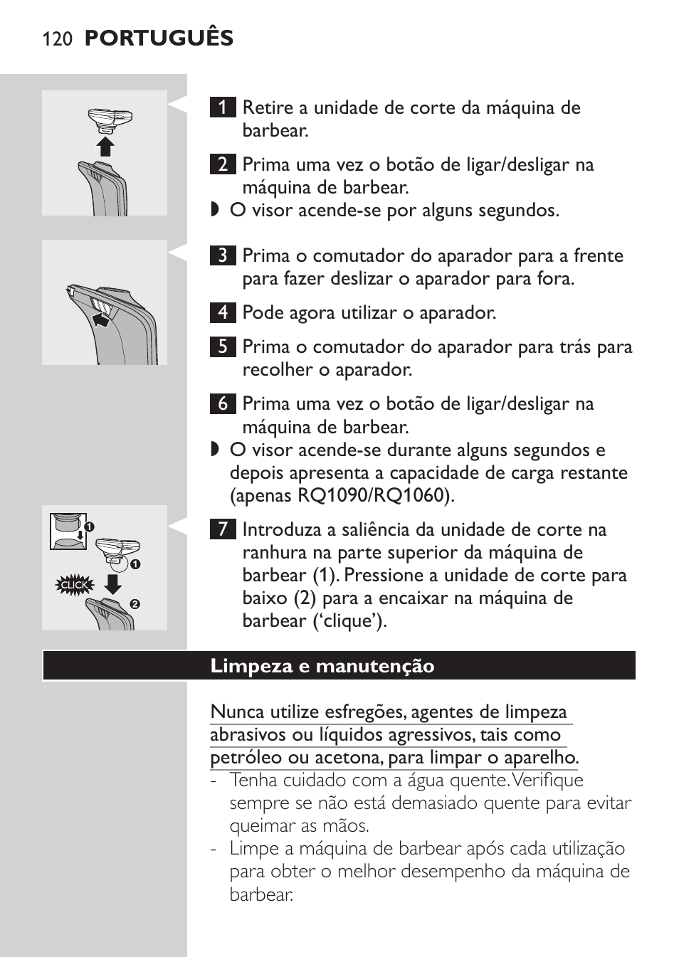 Limpeza e manutenção | Philips Afeitadora eléctrica User Manual | Page 118 / 144