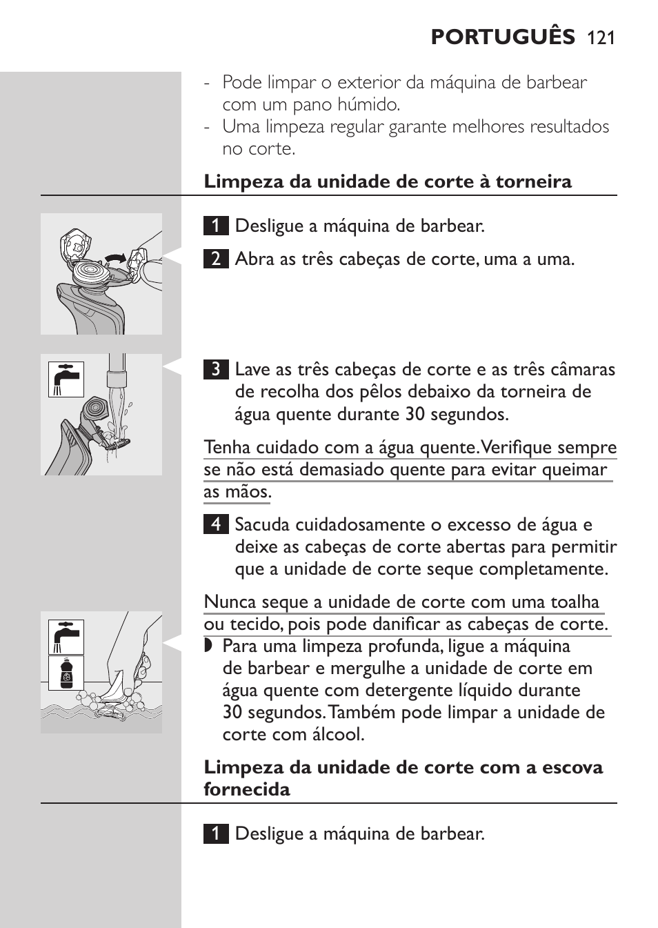 Limpeza da unidade de corte à torneira, Limpeza da unidade de corte com a escova fornecida | Philips Afeitadora eléctrica User Manual | Page 119 / 144