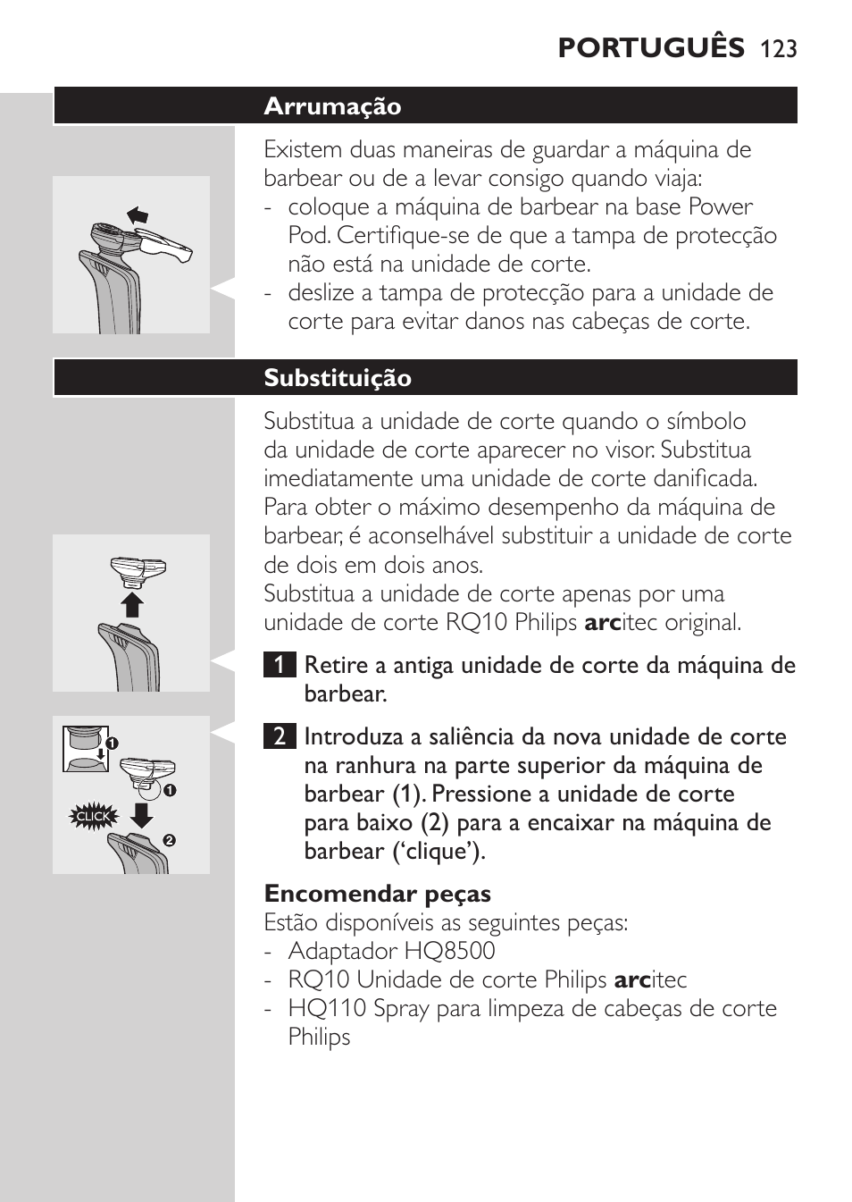 Encomendar peças, Arrumação, Substituição | Philips Afeitadora eléctrica User Manual | Page 121 / 144