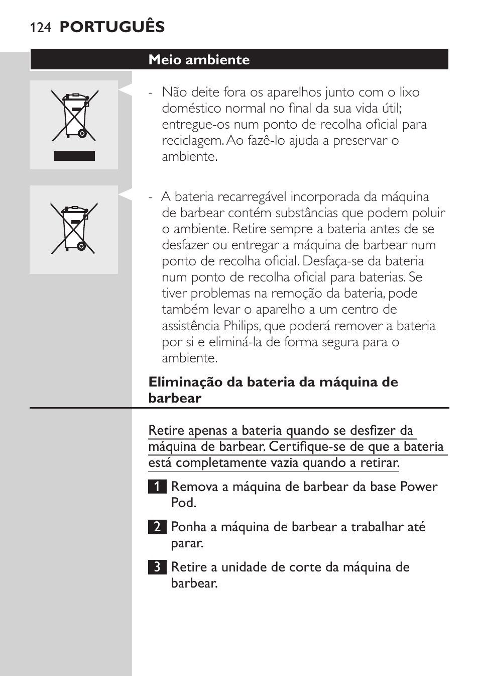 Meio ambiente, Eliminação da bateria da máquina de barbear | Philips Afeitadora eléctrica User Manual | Page 122 / 144