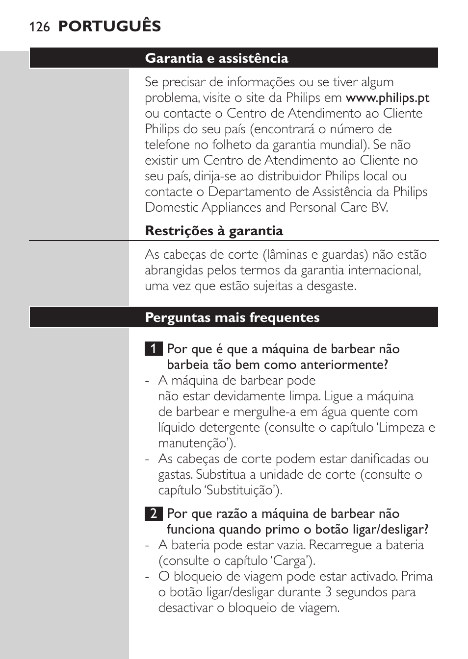 Garantia e assistência, Restrições à garantia, Perguntas mais frequentes | Philips Afeitadora eléctrica User Manual | Page 124 / 144