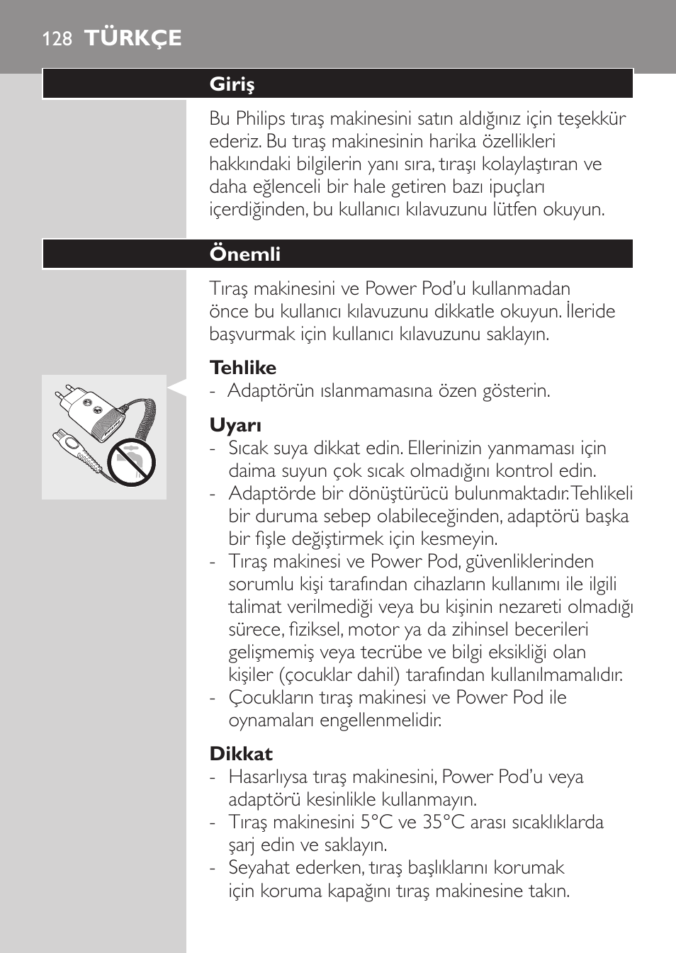 Tehlike, Uyarı, Dikkat | Türkçe, Giriş, Önemli | Philips Afeitadora eléctrica User Manual | Page 126 / 144