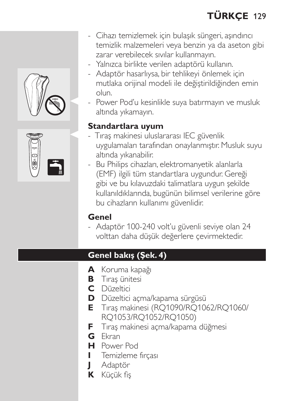 Standartlara uyum, Genel, Genel bakış (şek. 4) | Philips Afeitadora eléctrica User Manual | Page 127 / 144