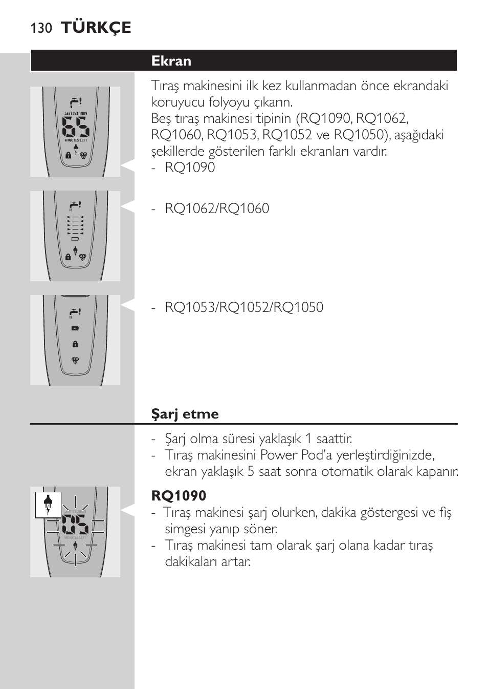 Ekran, Şarj etme, Rq1090 | Rq1062/rq1060 | Philips Afeitadora eléctrica User Manual | Page 128 / 144