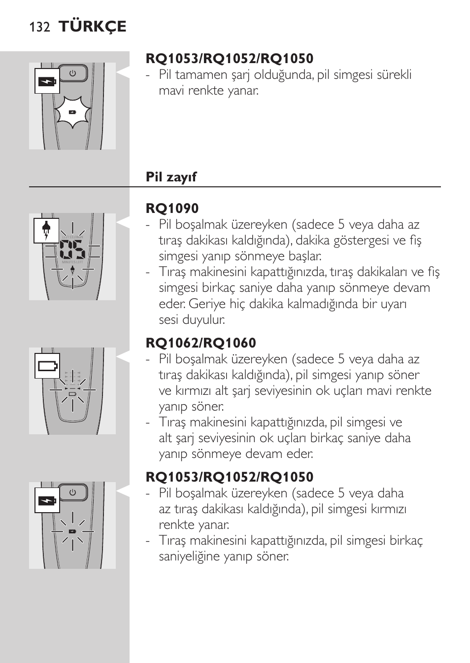 Rq1053/rq1052/rq1050, Pil zayıf, Rq1090 | Rq1062/rq1060 | Philips Afeitadora eléctrica User Manual | Page 130 / 144