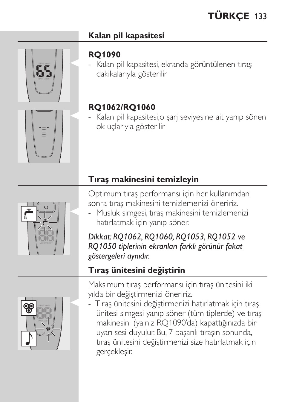 Kalan pil kapasitesi, Rq1090, Rq1062/rq1060 | Tıraş makinesini temizleyin, Tıraş ünitesini değiştirin | Philips Afeitadora eléctrica User Manual | Page 131 / 144