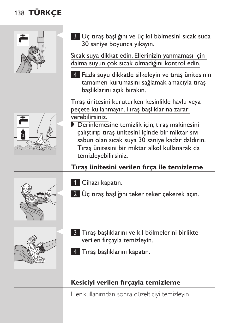 Tıraş ünitesini verilen fırça ile temizleme, Kesiciyi verilen fırçayla temizleme | Philips Afeitadora eléctrica User Manual | Page 136 / 144