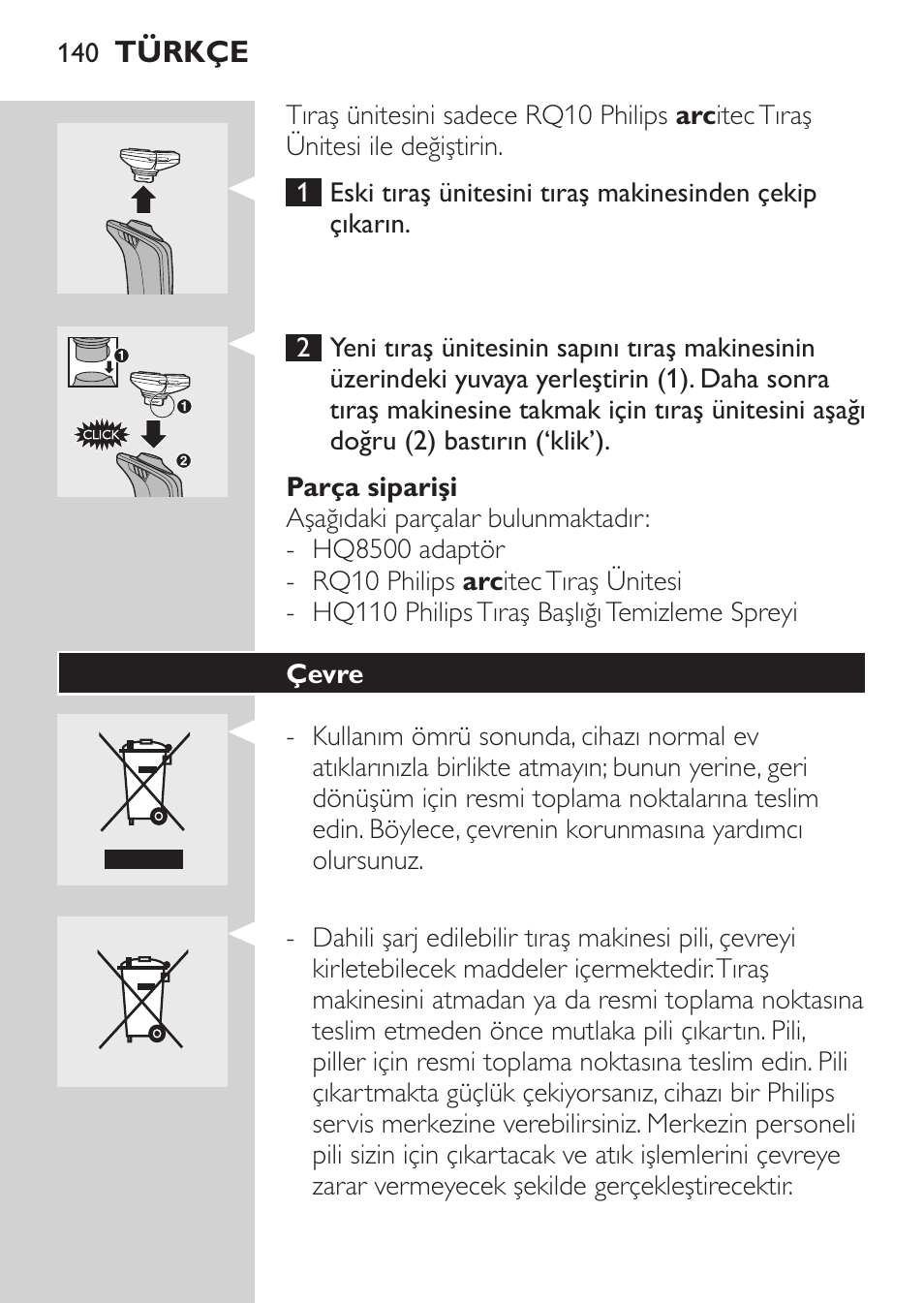 Parça siparişi, Çevre | Philips Afeitadora eléctrica User Manual | Page 138 / 144