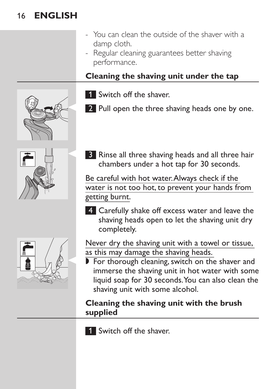 Cleaning the shaving unit under the tap, Cleaning the shaving unit with the brush supplied | Philips Afeitadora eléctrica User Manual | Page 14 / 144