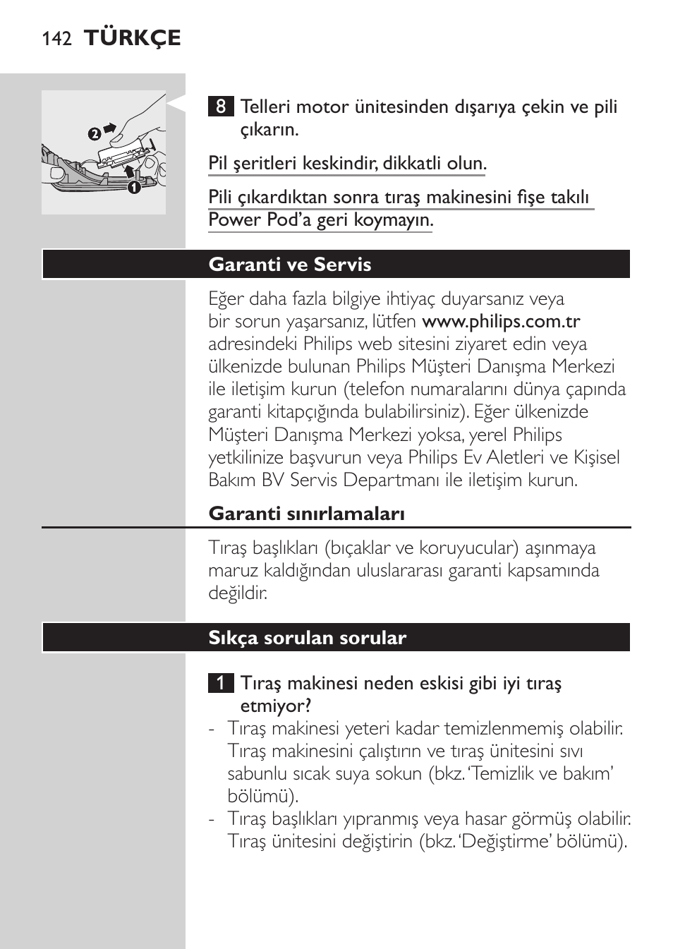 Garanti ve servis, Garanti sınırlamaları, Sıkça sorulan sorular | Philips Afeitadora eléctrica User Manual | Page 140 / 144