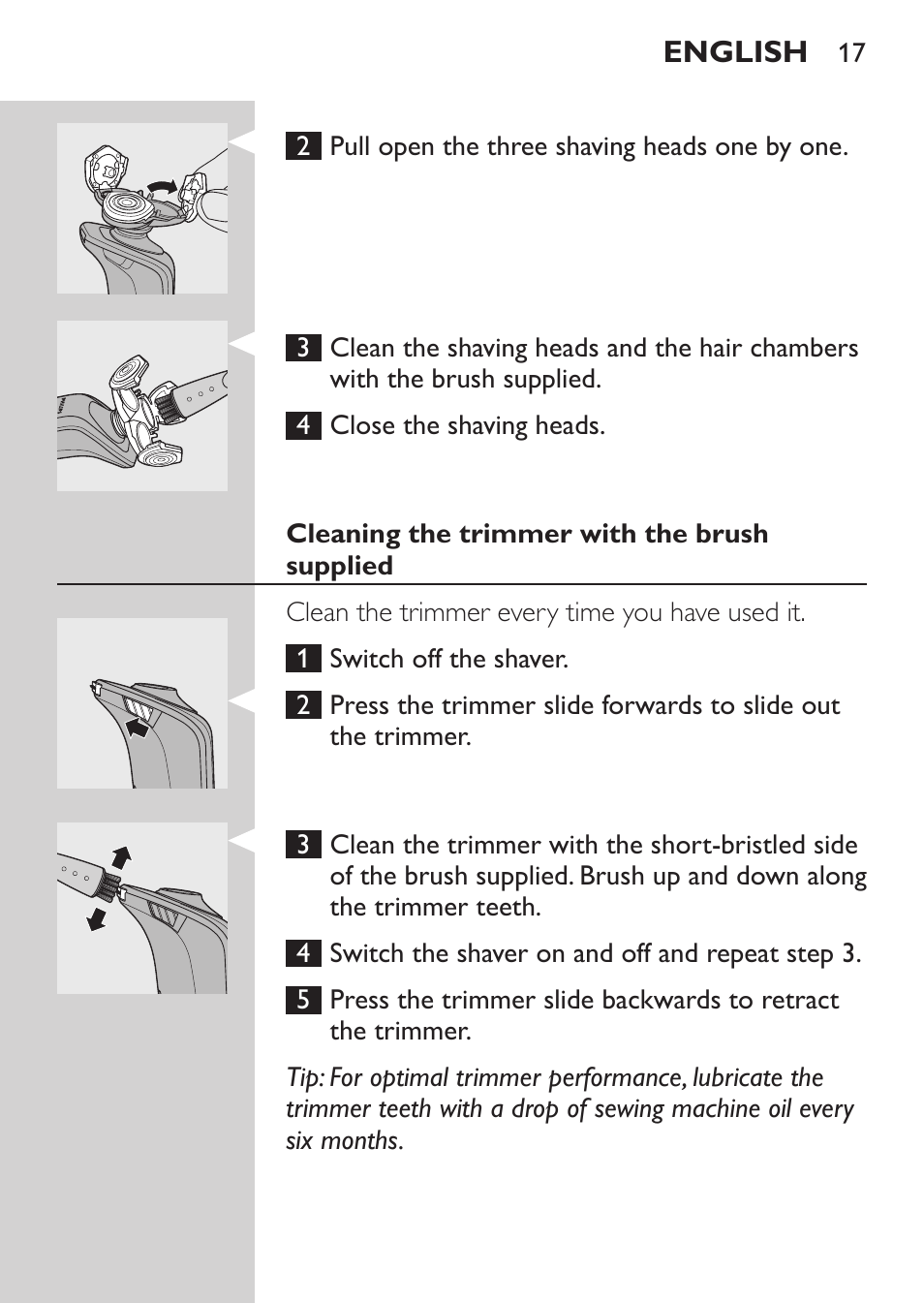 Cleaning the trimmer with the brush supplied | Philips Afeitadora eléctrica User Manual | Page 15 / 144