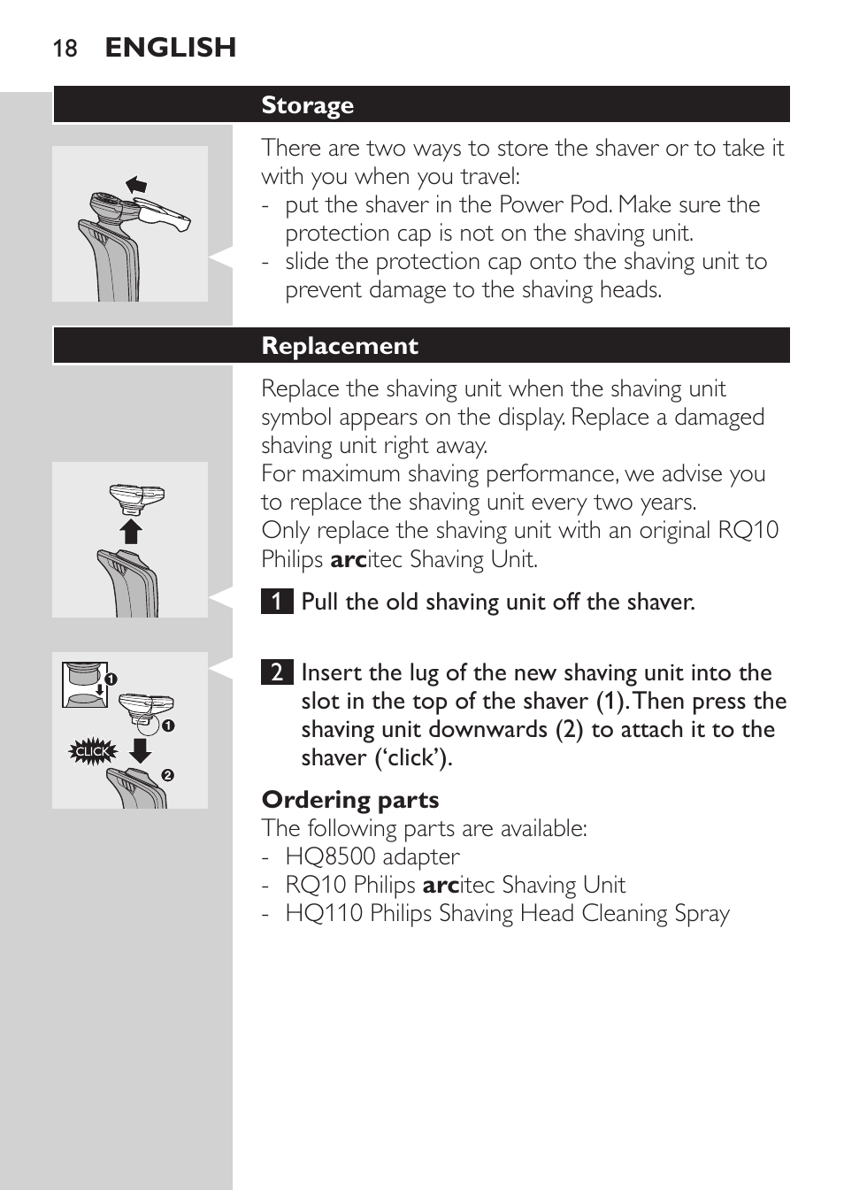 Ordering parts, Storage, Replacement | Philips Afeitadora eléctrica User Manual | Page 16 / 144