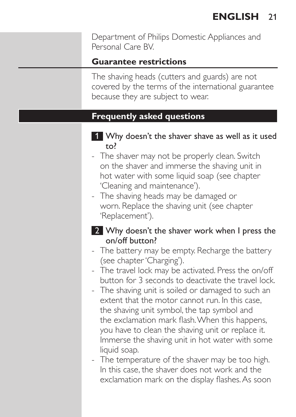 Guarantee restrictions, Frequently asked questions | Philips Afeitadora eléctrica User Manual | Page 19 / 144