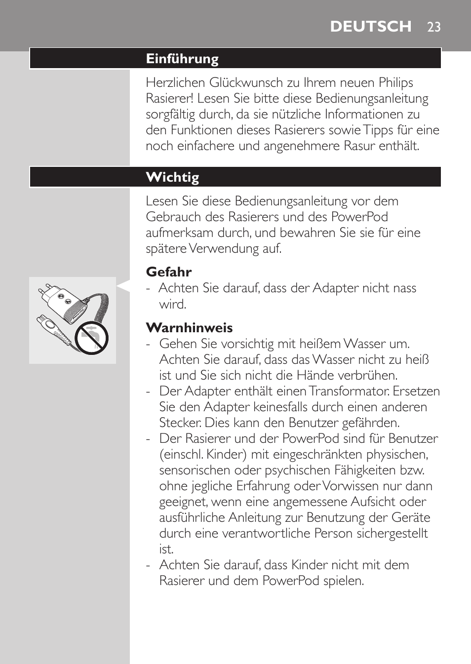 Gefahr, Warnhinweis, Deutsch | Einführung, Wichtig | Philips Afeitadora eléctrica User Manual | Page 21 / 144